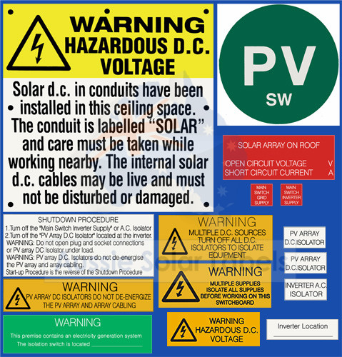 #5016 PV SW System Label Kit Victoria (with roof top isolators) with in-ceiling p/propylene label