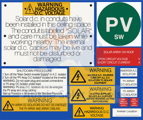 #5023 PV SW System Label Kit QLD_WA_SA (with roof top isolators) with traffolyte in-ceiling label