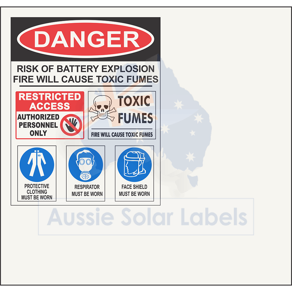 Wall Plaque Danger Risk of Battery Explosion  Restricted Access Toxic Fumes  Protective Clothing  Respirator  Face Shield